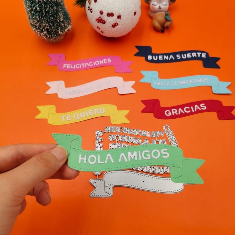 Feemkota Spanish Words Die Cuts for Card Making Español Banner Stamps Ribbon Cutting Dies for DIY Paper Scrapbooking Crafts Embossing Decorations - Image 1